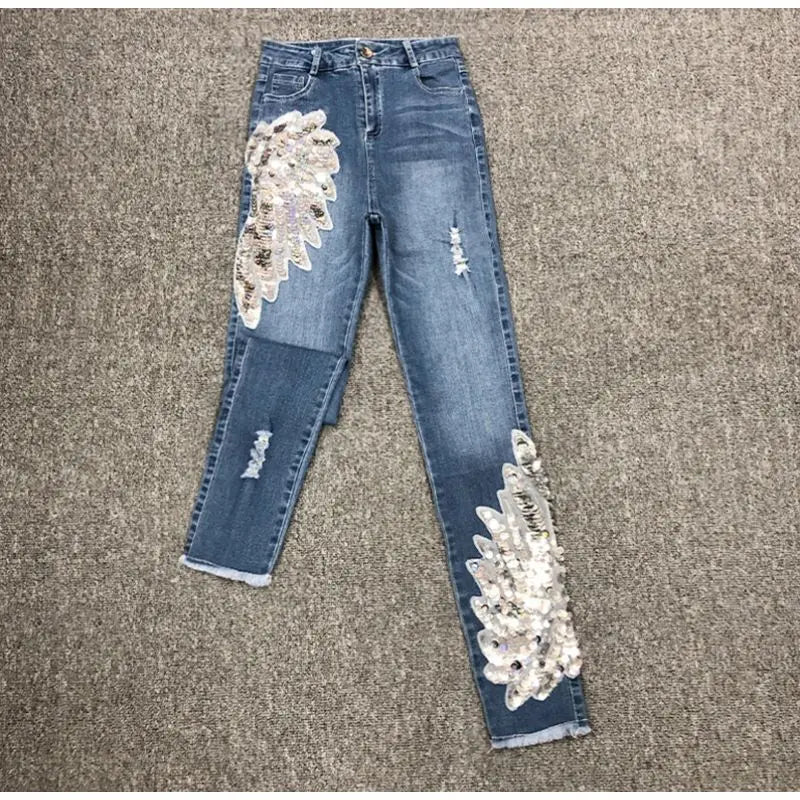 White Sequin Phoenix flower Denim Pants For women's 2025 New Korean Slim Elastic Pencil Skinny Jeans Female Ankle length Pants