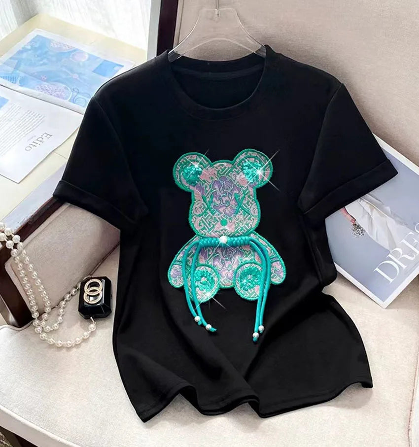 Buckle Pink Bear Beading T-shirt Heavy Handmade Diomand Shiny Bowknot Embroidery T Shirt Summer Tees Top Accessories Clothes