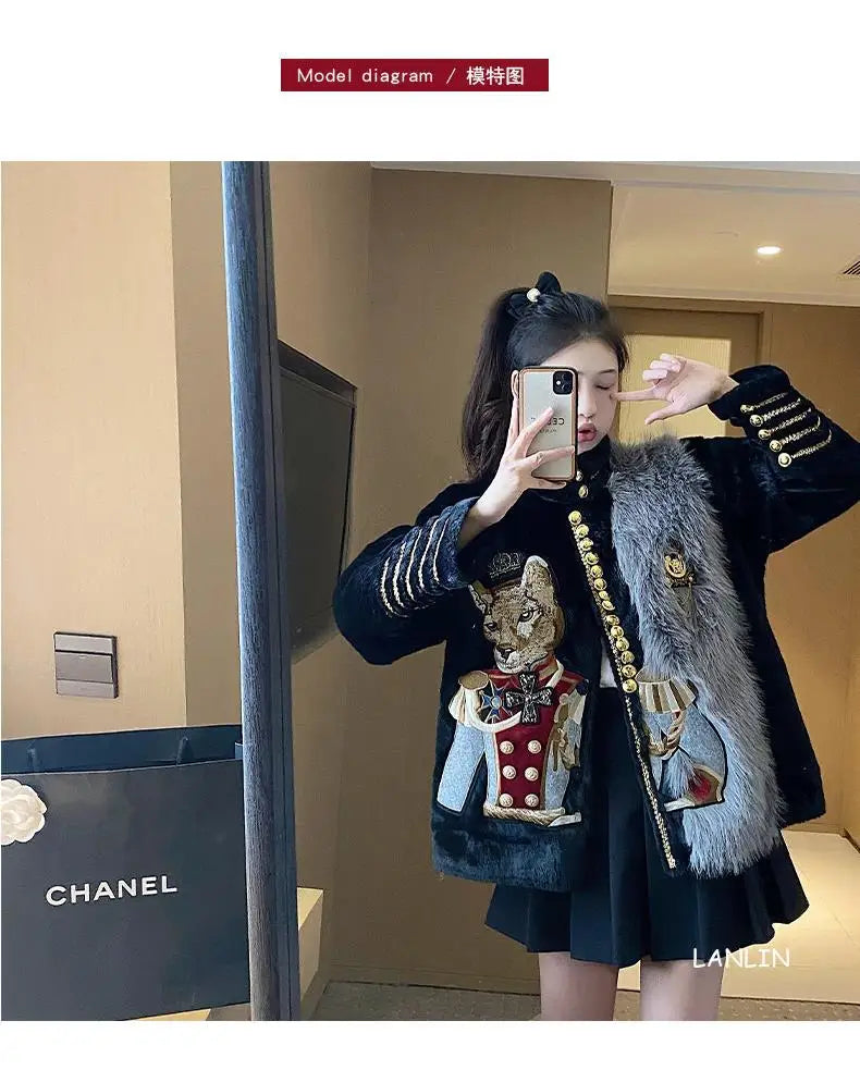 Luxury Women Cartoon Embroidery Faux Mink Fur Stitching Jacket Stand Collar Velvet Coat OL Furry Cardigan Flocking Tops Jaqueta