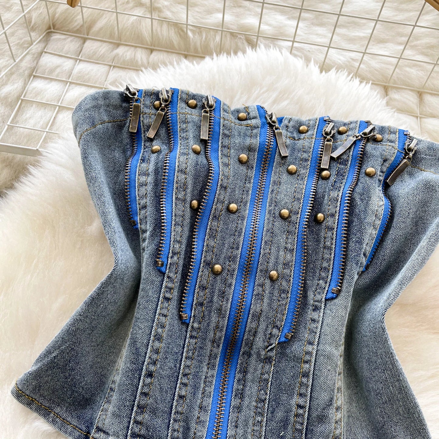 2025 New Women Denim Clothing Suits Chic Zipper Willow nail sleeveless strapless Tops + Pleated Jeans Mini Skirt 2-piece Sets