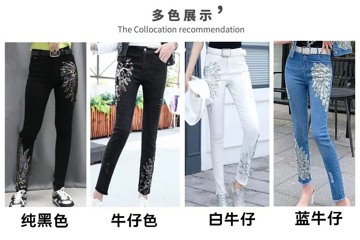 White Sequin Phoenix flower Denim Pants For women's 2025 New Korean Slim Elastic Pencil Skinny Jeans Female Ankle length Pants