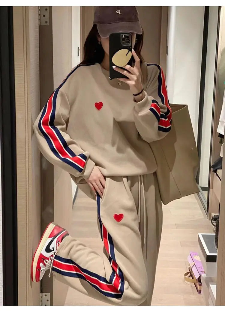 Autumn Cute Love Embroidery Pant Sets Two Pieces Tracksuits Khaki Side Striped Sweatshirt Women Girls Loose Sporty Korean Style