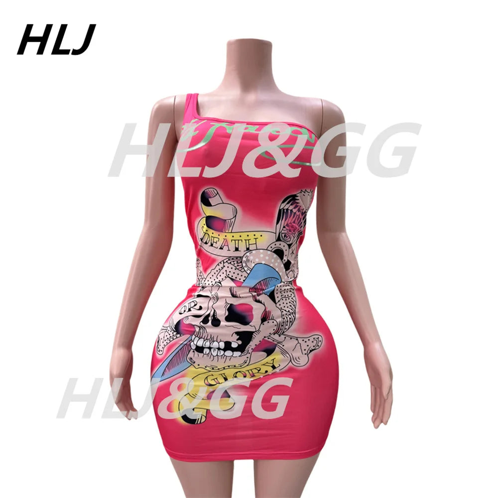 HLJ Y2K Pattern Printing Bodycon One Piece Spaghetti Strap Mini Dresses Women Sleeveless Backless Slim Vestidos Sexy Streetwear