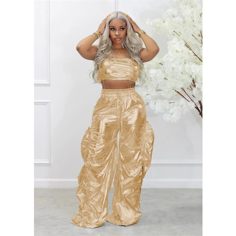 Gold Sliver Metallic Birthday Outfits Women Two Peice Sets Club Party Crop Top and Pants Streetwear Hip Hop Rave Festival Outfit