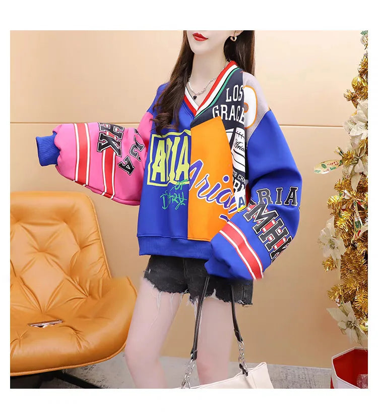 HLJ Fashion Y2K Letter Print Pullover Two Piece Sets Women V Neck Long Sleeve Top And Mini Pleated Skirts Outfit Female Clothing