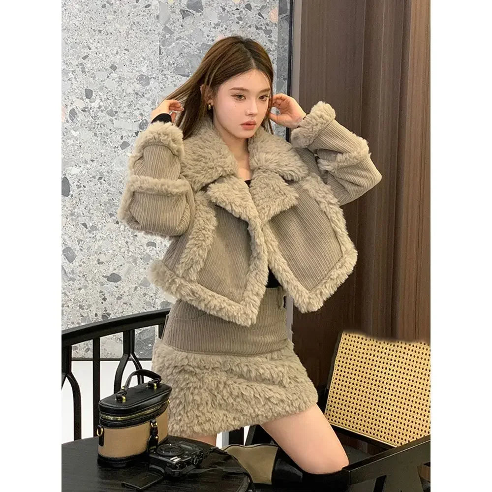 Retro style fashionable splicing furry short coat top high waist skirt short skirt two-piece suit winter women's clothing