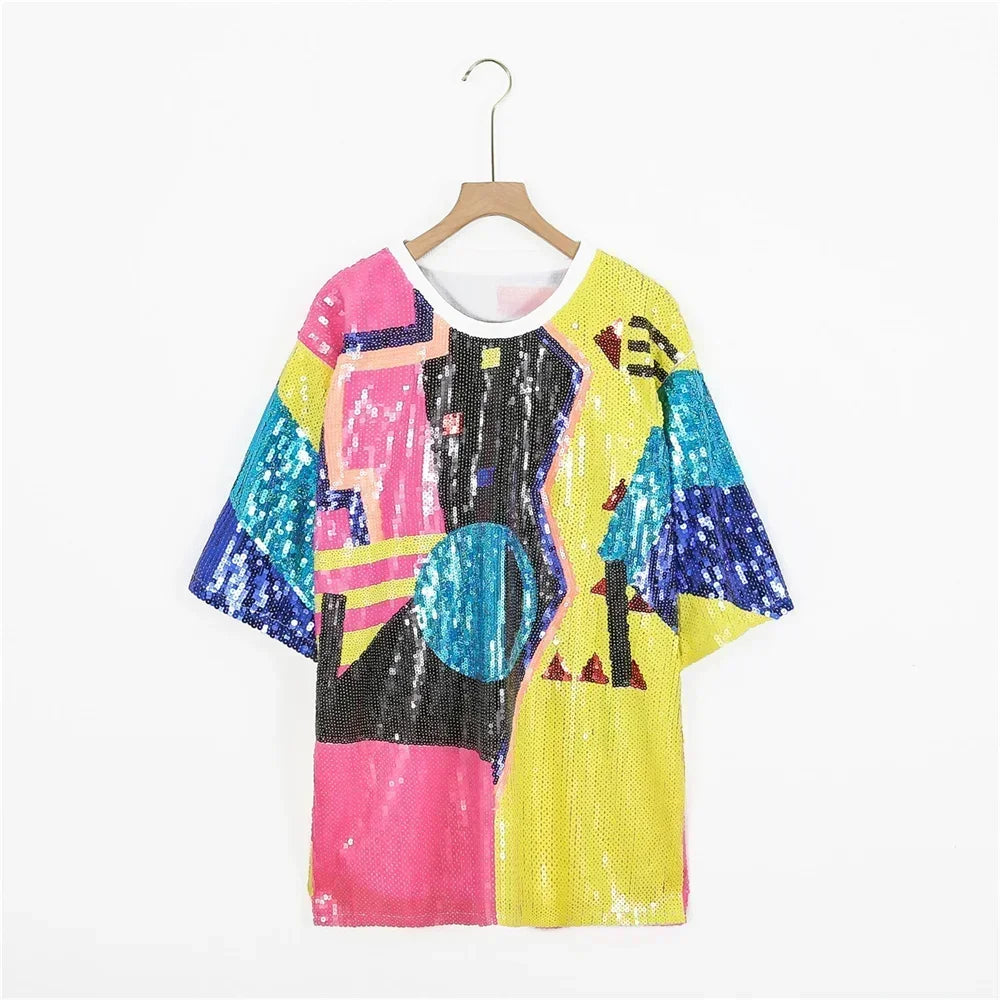 2025 Summer New Fashion T Shirts Sequins Women Short Sleeved Tops Simple Round Neck Female Letter T-shirt korean