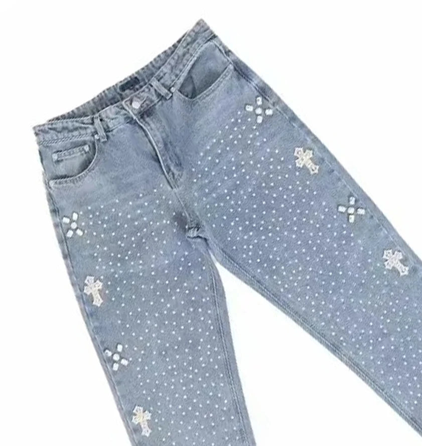 Retro Rhinestone Sequin Jeans Y2K Clothes Men Women Gothic Hip Hop Retro Blue Jeans Fashion Casual Wide Leg Trousers Streetwear