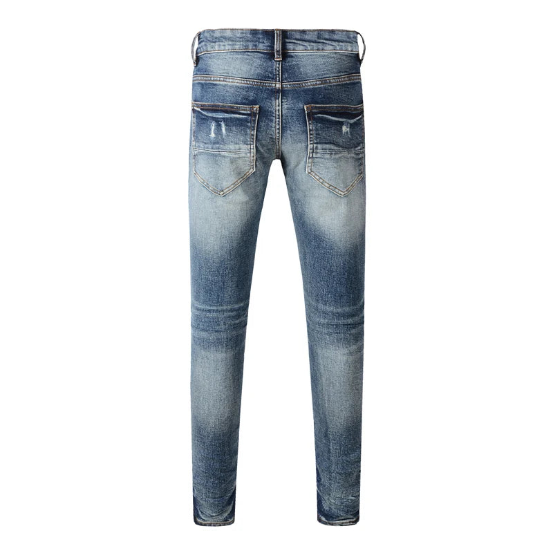 Street Fashion Men Jeans High Quality Retro Blue Stretch Skinny Ripped Jeans Men Leather Patched Brand Designer Hip Hop Pants