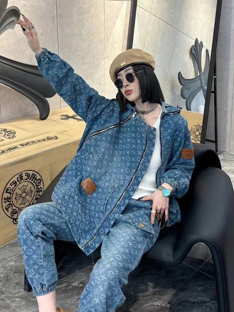 European denim fashion suit for women loose trendy for spring and autumn vintage denim jacket harem pants two-piece set trendy