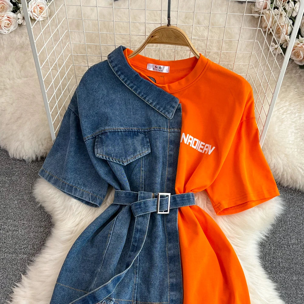 Elegant Summer Women Patchwork Denim Shirts Vintage Casual Slim Blouses Tops with Belted Female Fashion Pullover Clothes New