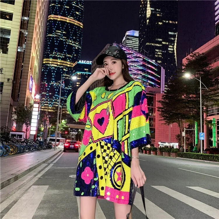 #0218 Summer Long T Shirt Women Loose Streetwear Funny Hip Hop T Shirt Short Sleeve Shinny Sequined T-shirt Female Split Joint