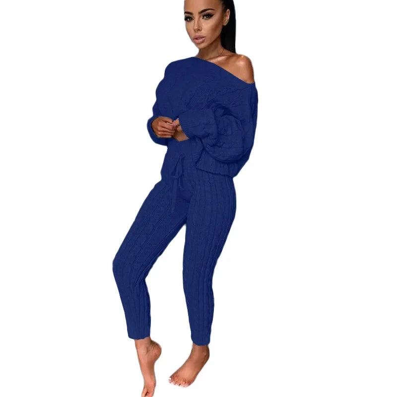 Women Set Two Piece Sets Autumn and Winter  Women O-neck Pullover Woolen Trousers Pants Suit Solid Casual Knitted Sweatshirt Set