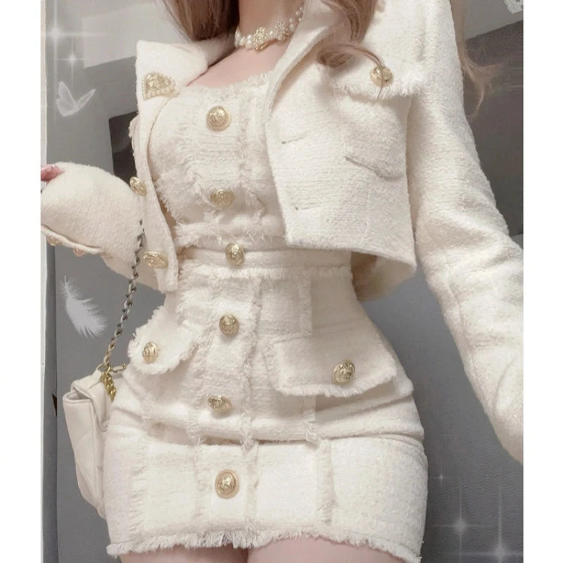 Korean Style Elegant Vintage Two Piece Set Women Sweet Woolen Short Jackets Tassel Design Mini Dress Suit Female Fashion Outfitn