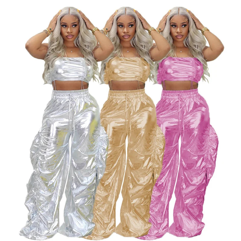 Gold Sliver Metallic Birthday Outfits Women Two Peice Sets Club Party Crop Top and Pants Streetwear Hip Hop Rave Festival Outfit