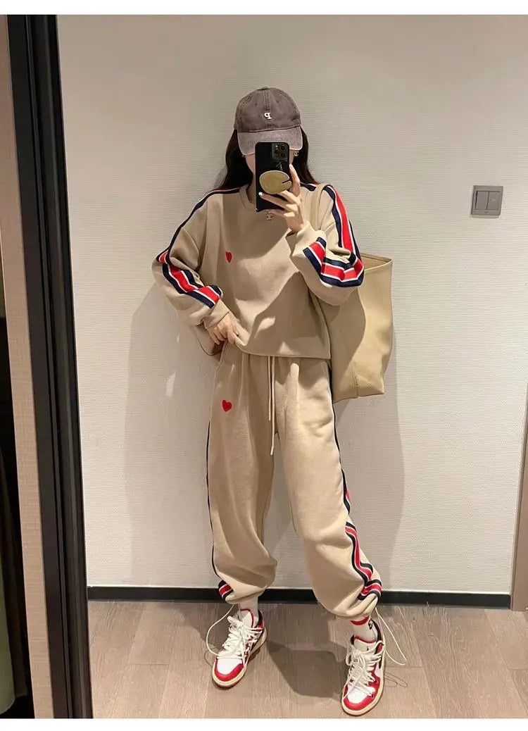 Autumn Cute Love Embroidery Pant Sets Two Pieces Tracksuits Khaki Side Striped Sweatshirt Women Girls Loose Sporty Korean Style