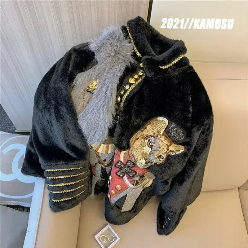 Luxury Women Cartoon Embroidery Faux Mink Fur Stitching Jacket Stand Collar Velvet Coat OL Furry Cardigan Flocking Tops Jaqueta