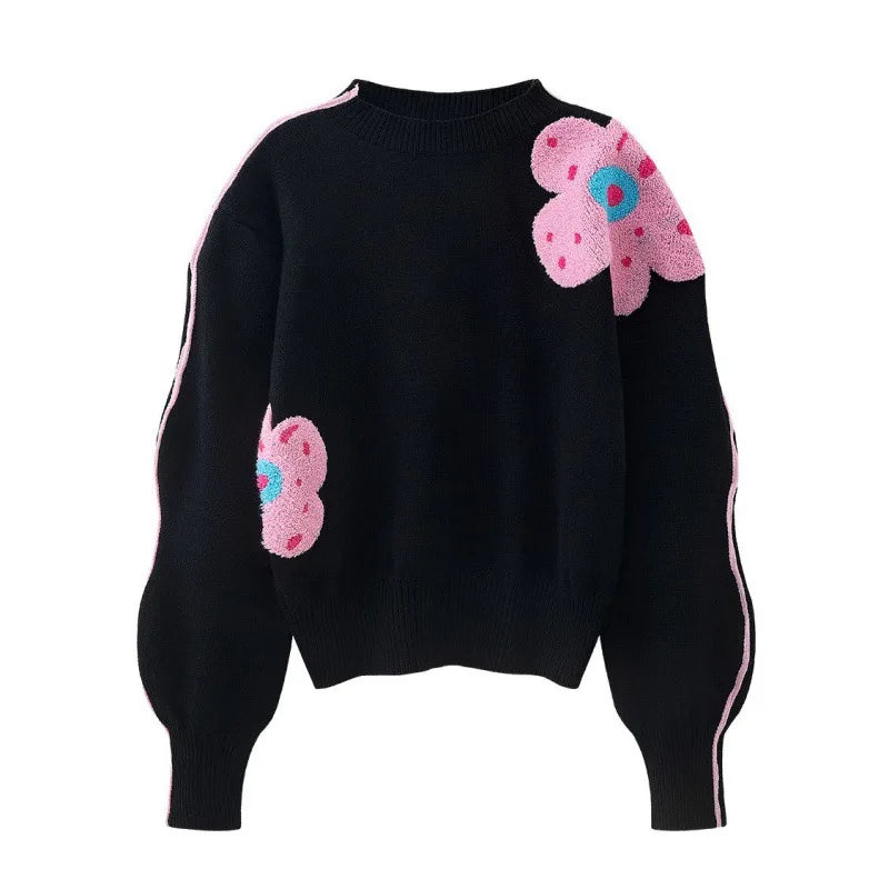 Beautiful Embroidered Black Flower Retro Loose Knitted Sweater Top women  korean fashion  long sleeve top  oversized sweater