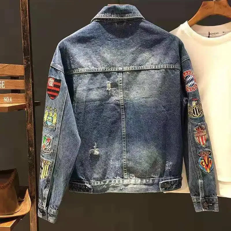 With Embroidery Men's Denim Jacket Autumn Trendy Fashion High Quality Male Jean Coats Fast Delvery Menswear Rock of Fabric Korea