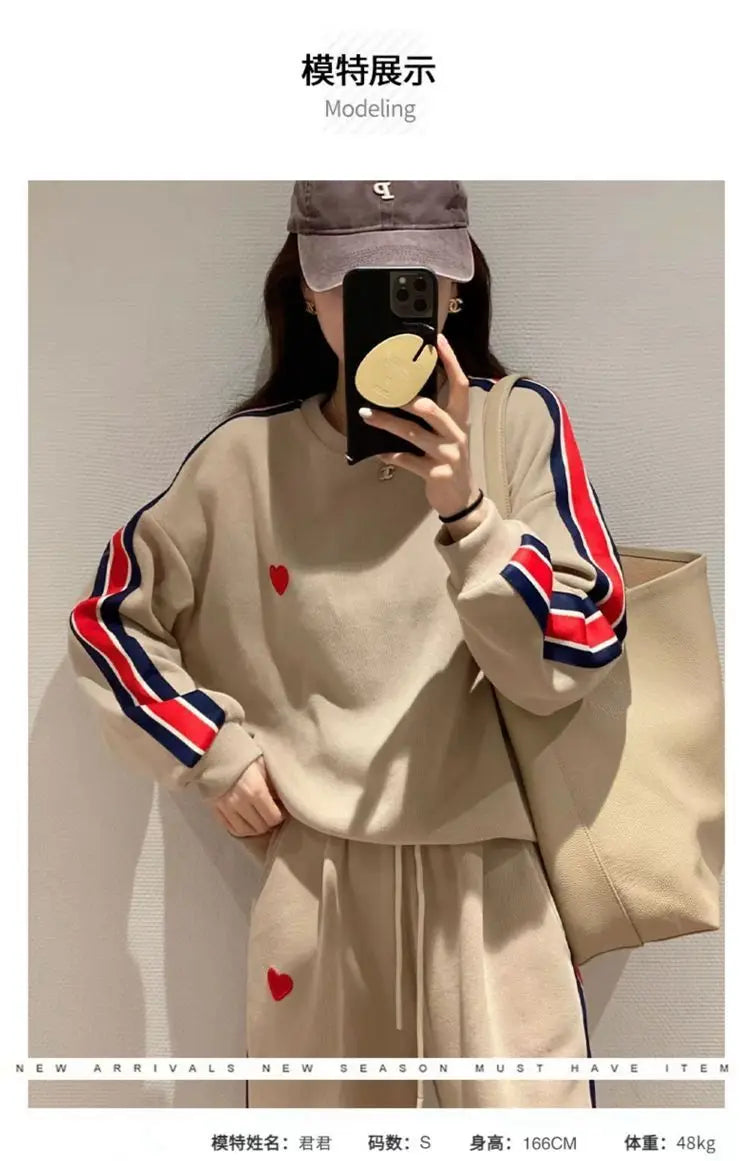 Autumn Cute Love Embroidery Pant Sets Two Pieces Tracksuits Khaki Side Striped Sweatshirt Women Girls Loose Sporty Korean Style