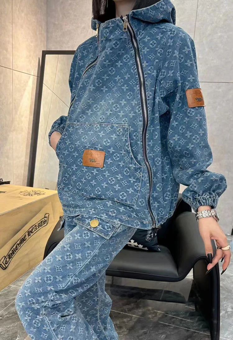 European denim fashion suit for women loose trendy for spring and autumn vintage denim jacket harem pants two-piece set trendy