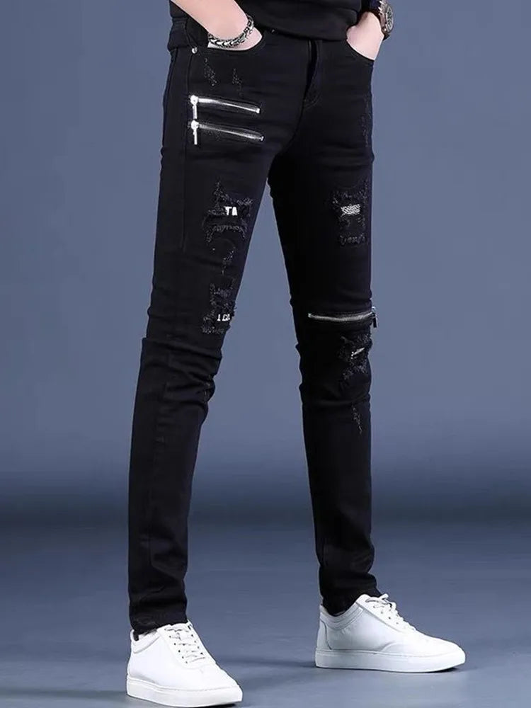 2024 Spring and Autumn Fashion Black Ripped Stretch Jeans Men's Casual Slim Breathable High-Quality Straight Leg Pants 28-36