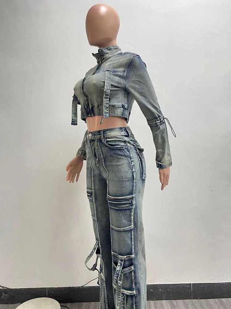 2 Piece Set for Women Winter Long Sleeve Denim Jacket and Jeans Streetwear Sexy Stretchy Denim Pant Sets Wholesale Dropshipping