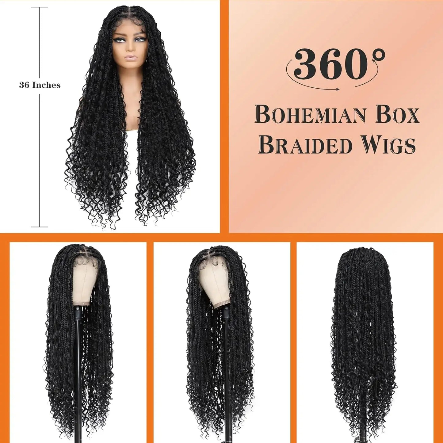 Synthetic 36" Bohemian Braided Wigs Boho Box Braid Wigs for Black Women Twisted Braids Full Lace Braided Wigs with Baby Hair