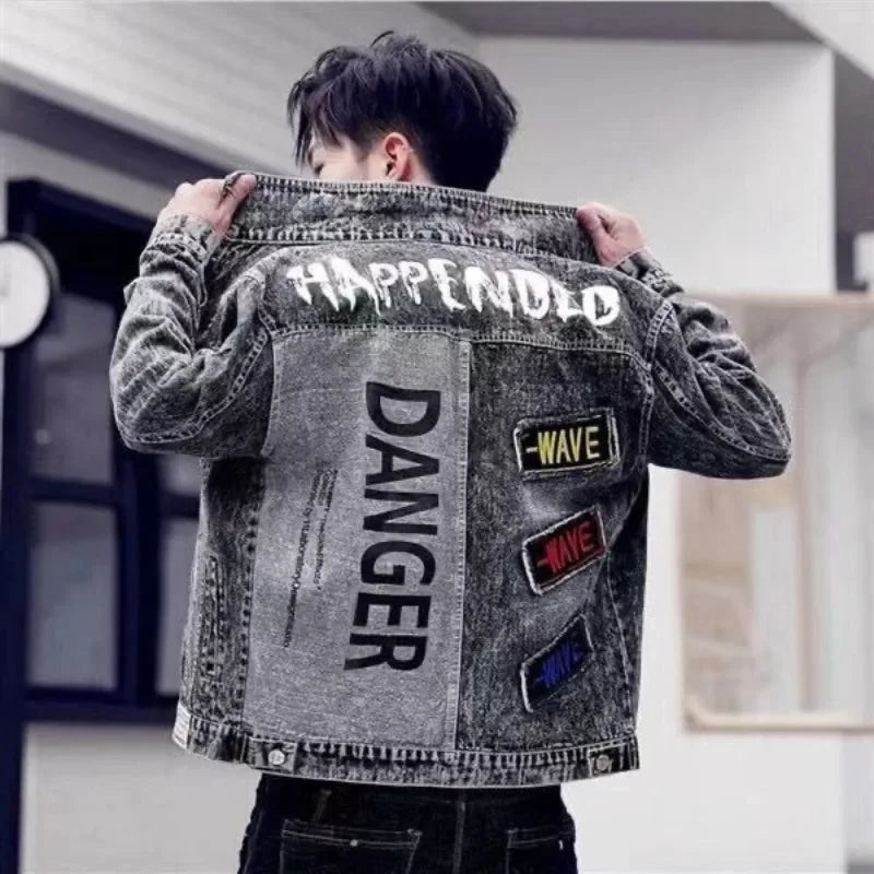 Button Hip Hop Casual Slim Short Autumn with Print Denim Jackets Man Black Gray Jeans Coat for Men on Board High Quality Fashion