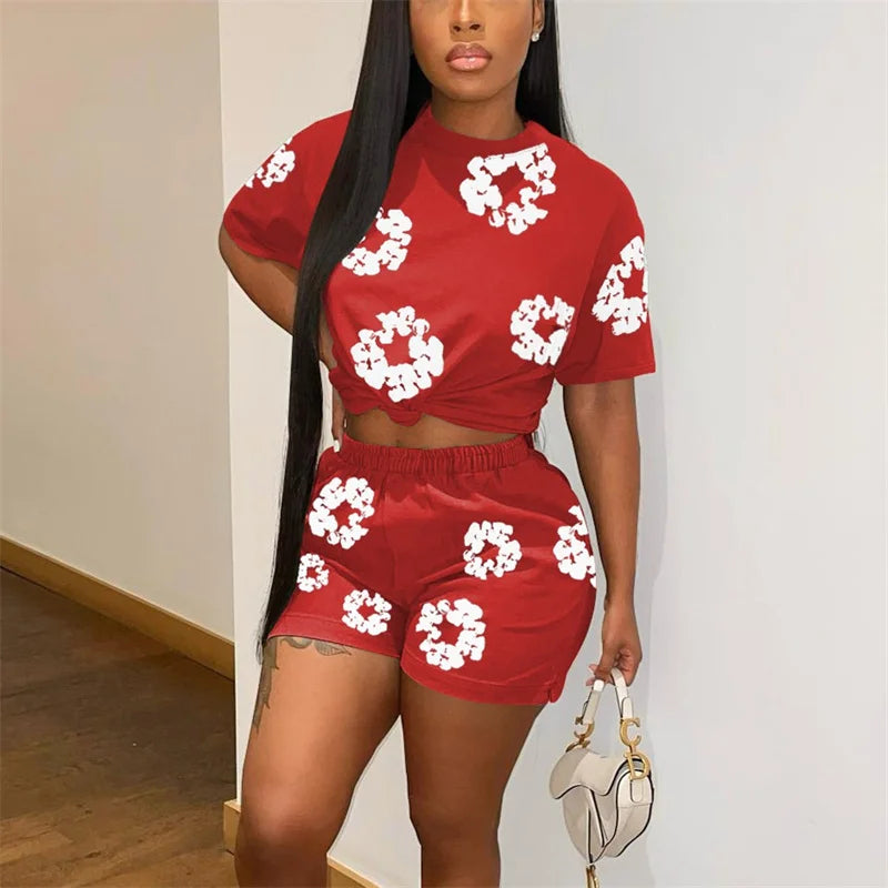 Women Flower Print Casual Sports Suits Summer Short Sleeve T-Shirt Female Commuter 2 Piece Sets Elastic Waist Ultra-short Shorts