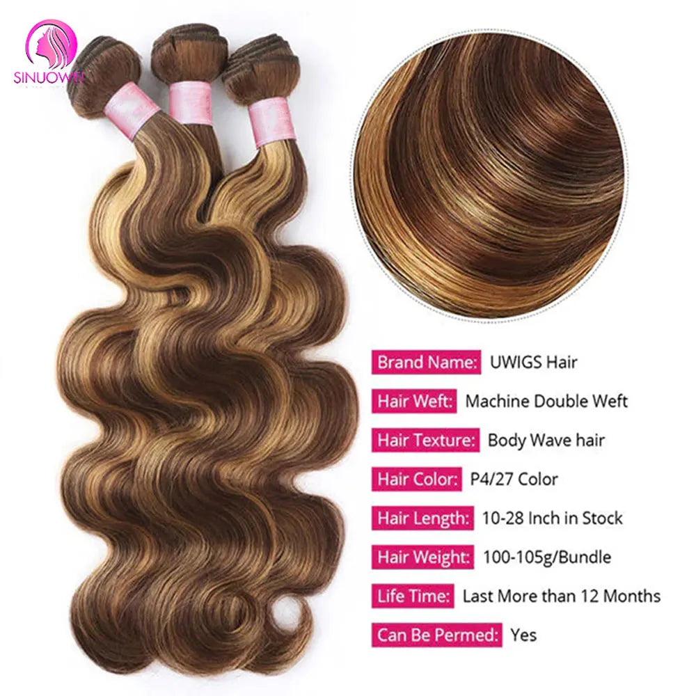 30 32 Inch Highlight Body Wave Bundle 100% Human Hair Bundle P4/27 Honey Brown Brazilian Hair Bundles 1 3 4 Remy Hair Bundle