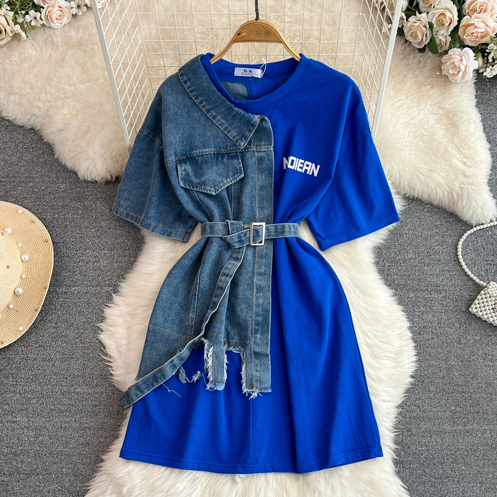 Elegant Summer Women Patchwork Denim Shirts Vintage Casual Slim Blouses Tops with Belted Female Fashion Pullover Clothes New