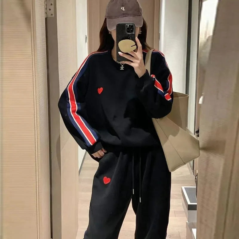 Autumn Cute Love Embroidery Pant Sets Two Pieces Tracksuits Khaki Side Striped Sweatshirt Women Girls Loose Sporty Korean Style