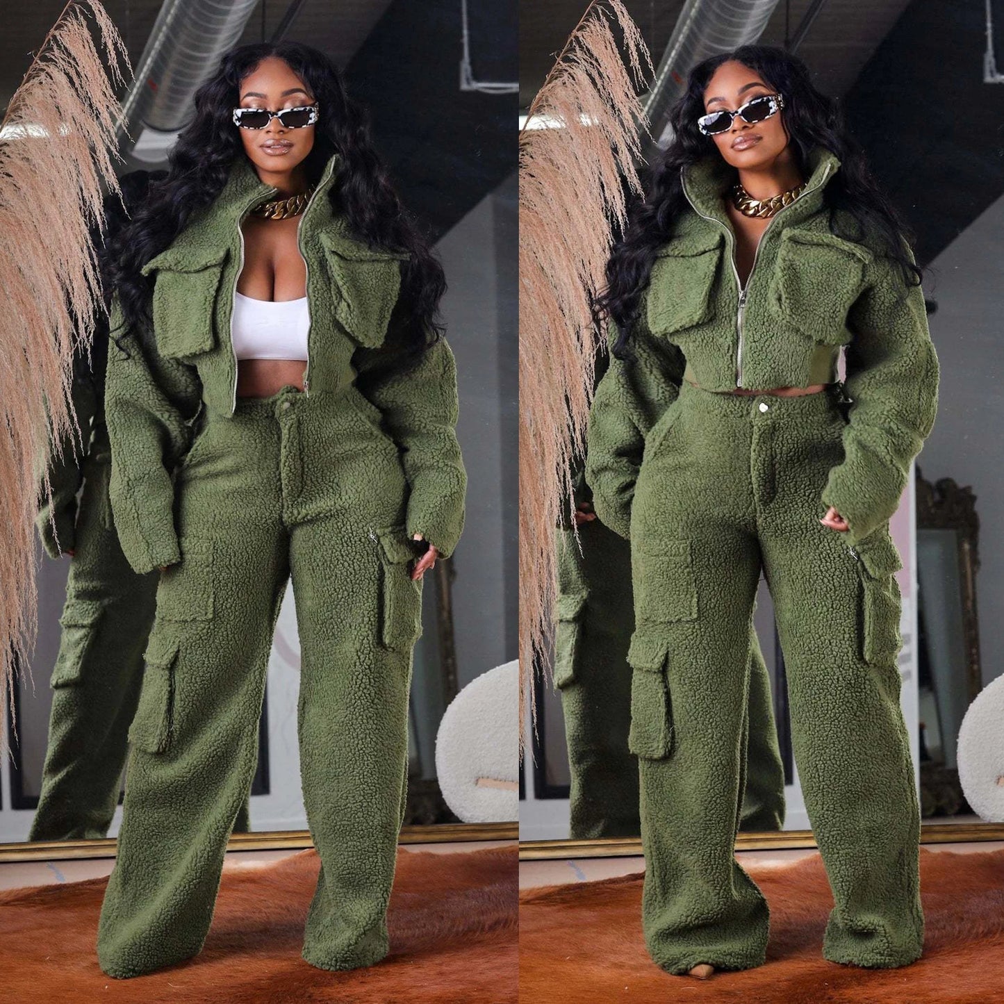 2 Piece Matching Clothes For Women Fur Jackets Tops and Pants Set Joggers Tracksuits Thick And Warm 2023 Winter Fashion Clothes