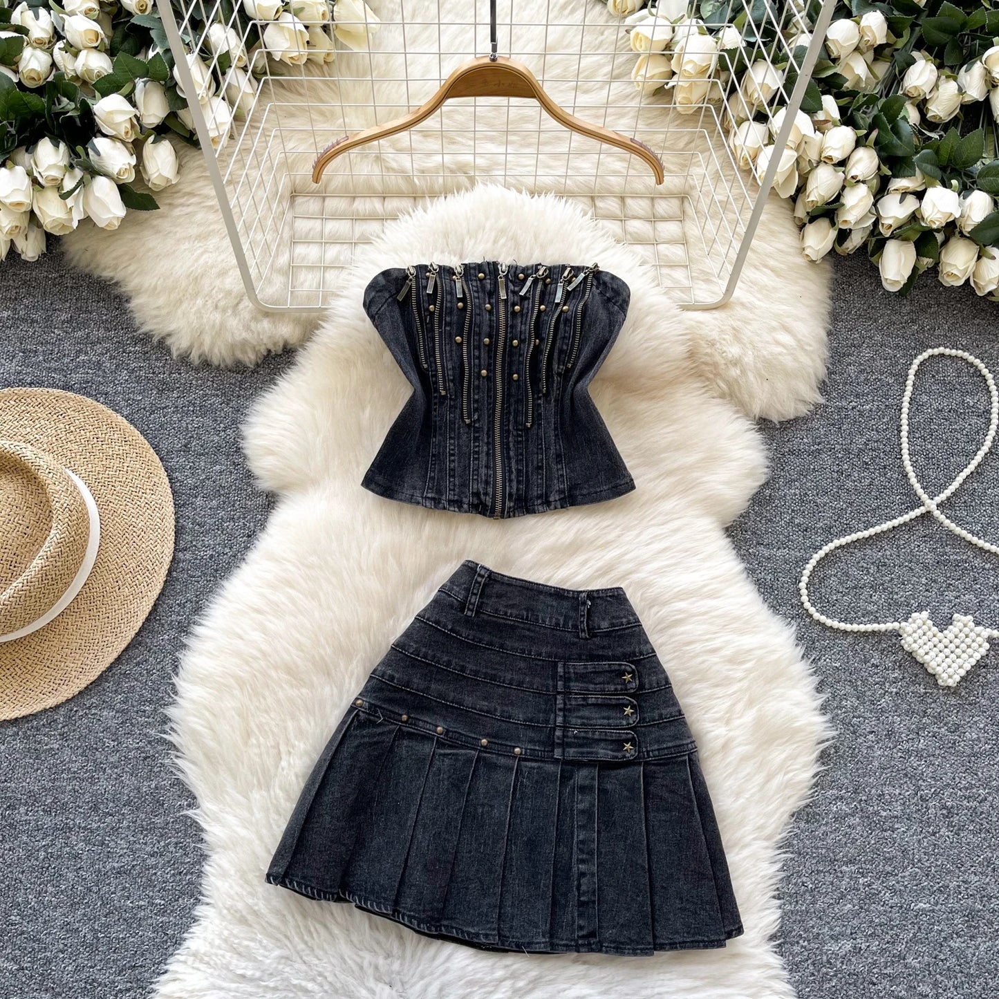 2025 New Women Denim Clothing Suits Chic Zipper Willow nail sleeveless strapless Tops + Pleated Jeans Mini Skirt 2-piece Sets