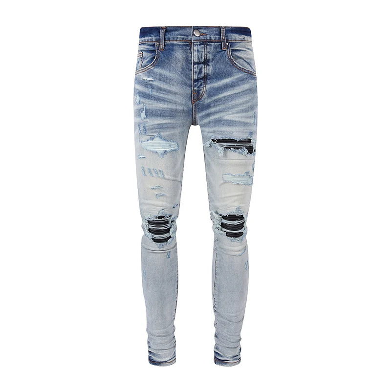 Street Fashion Men Jeans Retro Light Blue Stretch Skinny Fit Ripped Jeans Men Leather Patched Designer Hip Hop Brand Denim Pants