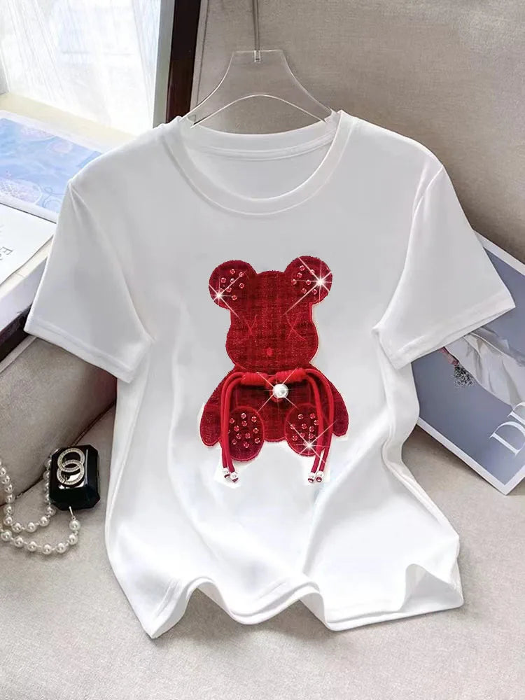 Buckle Pink Bear Beading T-shirt Heavy Handmade Diomand Shiny Bowknot Embroidery T Shirt Summer Tees Top Accessories Clothes