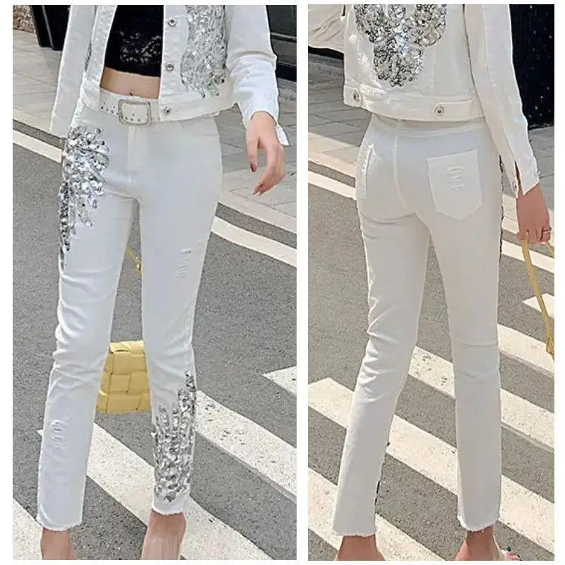 White Sequin Phoenix flower Denim Pants For women's 2025 New Korean Slim Elastic Pencil Skinny Jeans Female Ankle length Pants