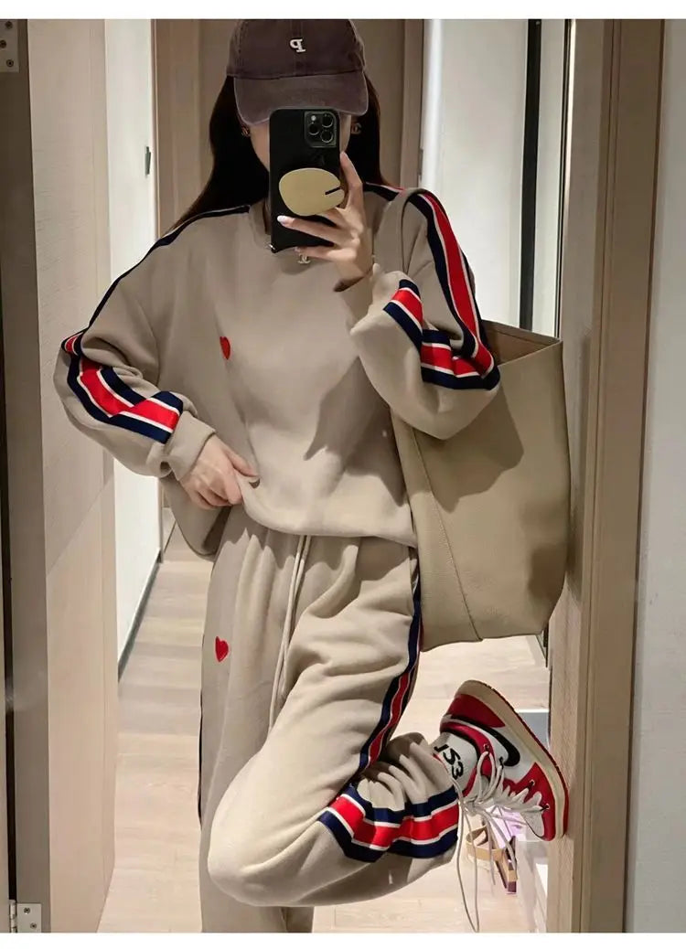 Autumn Cute Love Embroidery Pant Sets Two Pieces Tracksuits Khaki Side Striped Sweatshirt Women Girls Loose Sporty Korean Style