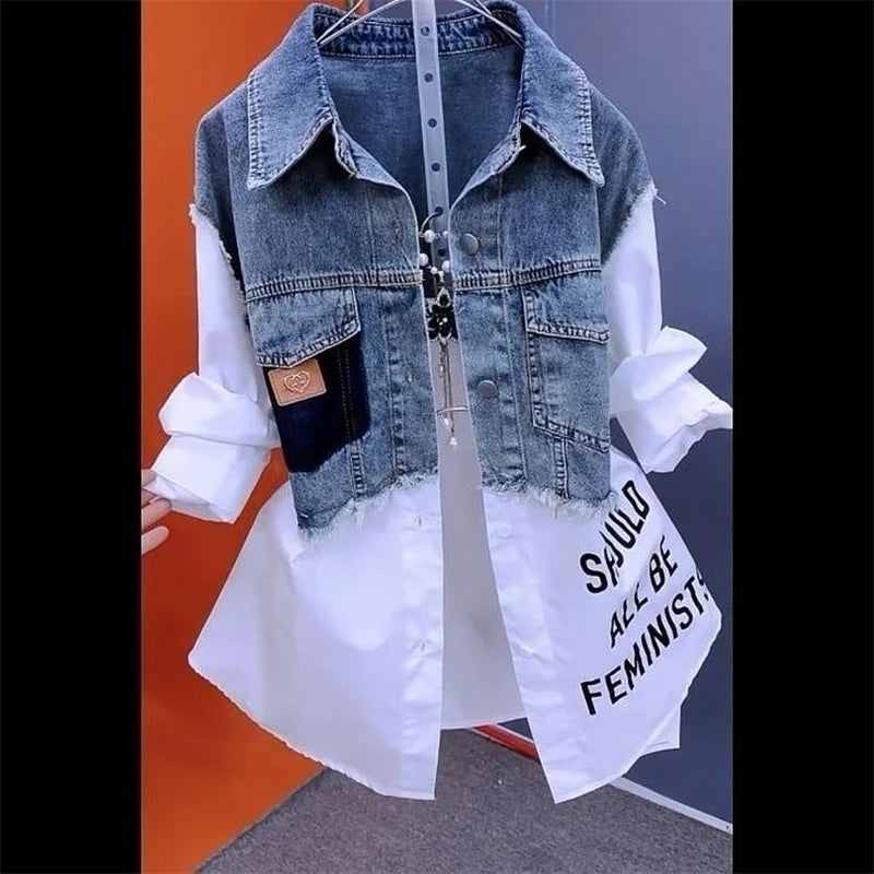 New Splicing Denim Jacket Women Spring Autumn Korean Fashion Denim Shirt Tops Casual Jean Jackets Female Windbreaker