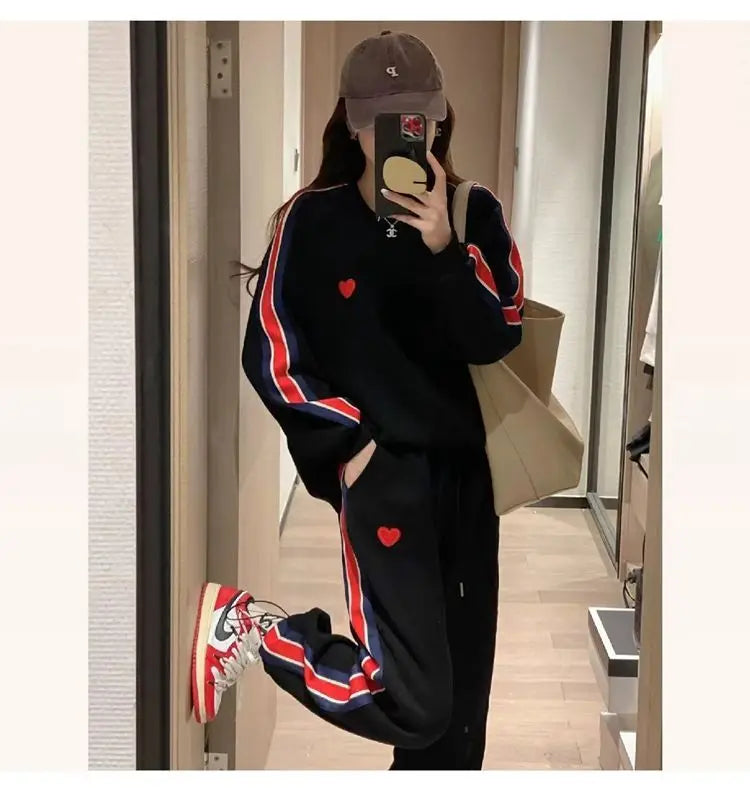 Autumn Cute Love Embroidery Pant Sets Two Pieces Tracksuits Khaki Side Striped Sweatshirt Women Girls Loose Sporty Korean Style