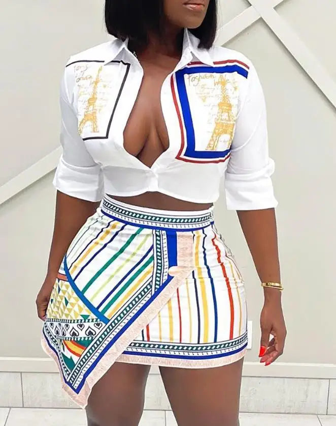 Two Piece Set Women Outfit 2024 Summer Fashion Graphic Print Buttoned Turn-Down Collar Shirt & Striped Asymmetrical Skirt Set