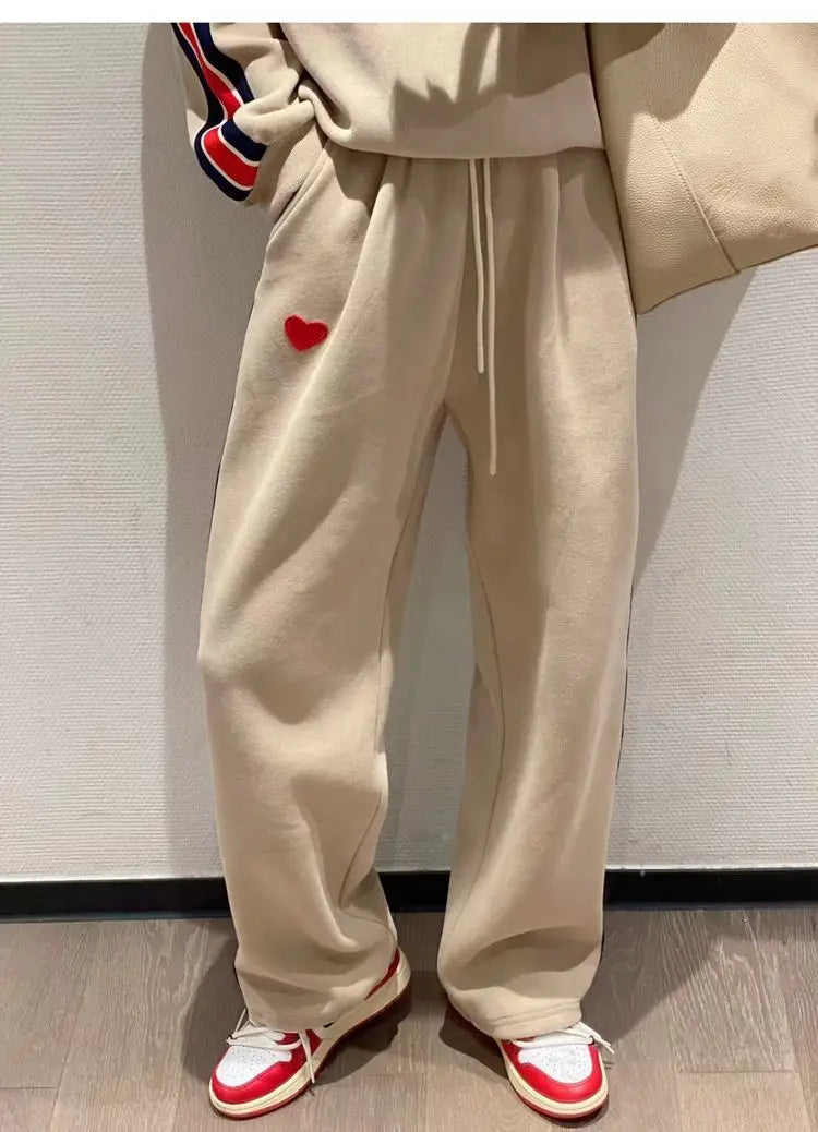 Autumn Cute Love Embroidery Pant Sets Two Pieces Tracksuits Khaki Side Striped Sweatshirt Women Girls Loose Sporty Korean Style