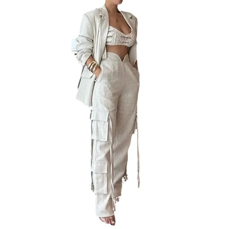 Apricot Top & Wide Leg Pants Set Elegant Women Lace Up Wide Leg Pant Sets Two Piece Set Spring Summer High Waist Trousers Suit