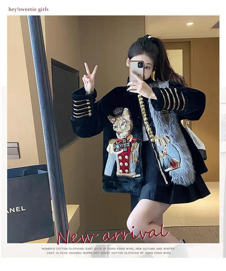 Luxury Women Cartoon Embroidery Faux Mink Fur Stitching Jacket Stand Collar Velvet Coat OL Furry Cardigan Flocking Tops Jaqueta