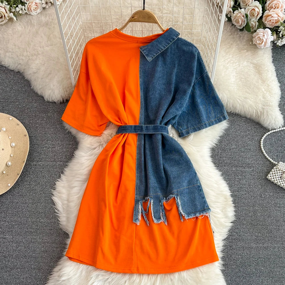 Elegant Summer Women Patchwork Denim Shirts Vintage Casual Slim Blouses Tops with Belted Female Fashion Pullover Clothes New