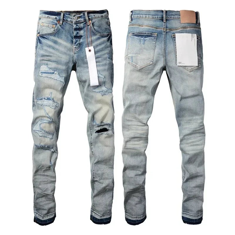 American Purples Jeans men Fashion brands top quality High Street Blue Patch Repair Low Rise Skinny Denim pants 28-40 size