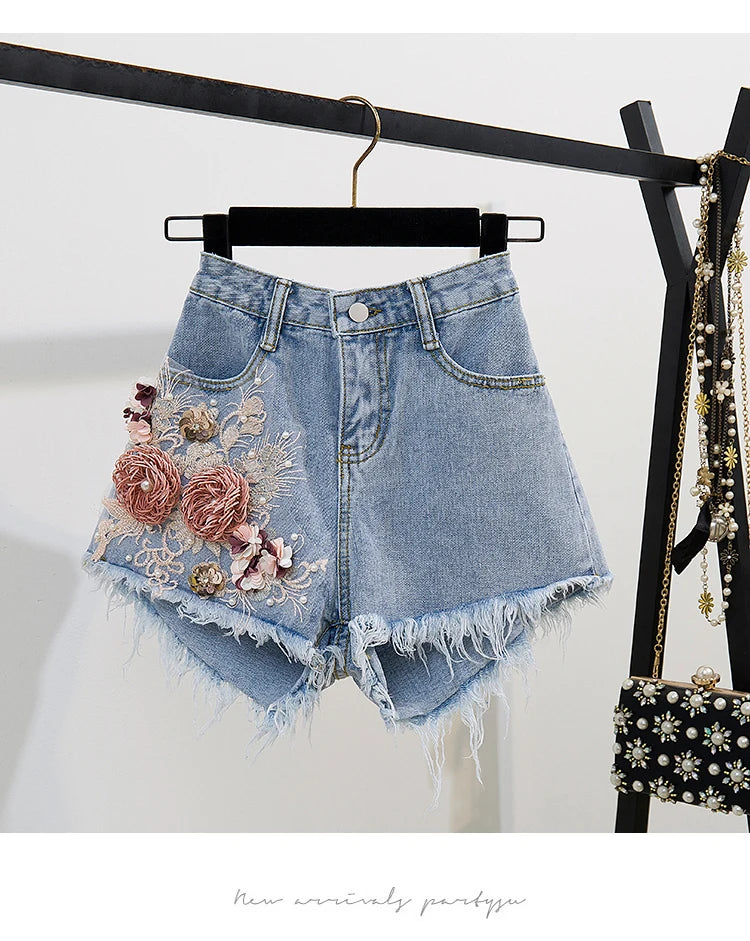 Fashion Cotton T-Shirt Tops + Short Jeans 2 Pieces Sets 2024 New Summer Women's Denim Pants Outfits 3D Flowers Beading Suits