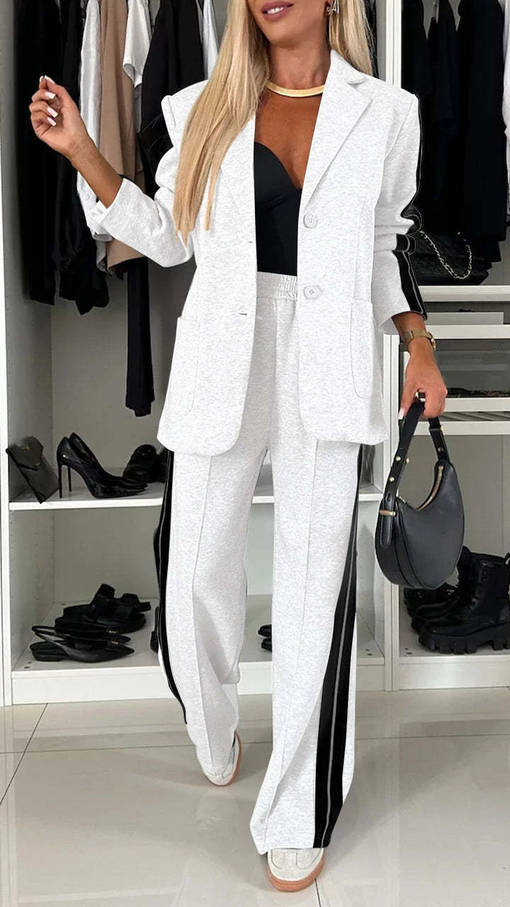 Autumn And Winter New Long Sleeves Suit Women's Suit Fashion Pimp Stitching Pants Pocket Female Office Blazer 2 Piece Set 2024