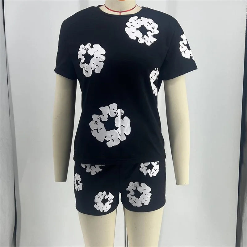 Women Flower Print Casual Sports Suits Summer Short Sleeve T-Shirt Female Commuter 2 Piece Sets Elastic Waist Ultra-short Shorts